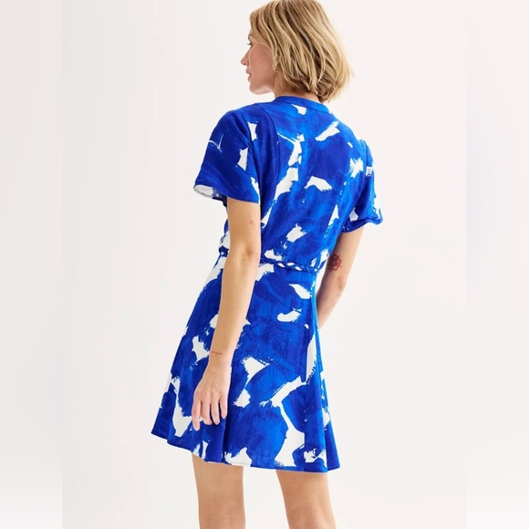 Nine West Flutter Sleeve Button Front Godet Dress Santorini Blue Rayon Linen Med - Picture 2 of 6